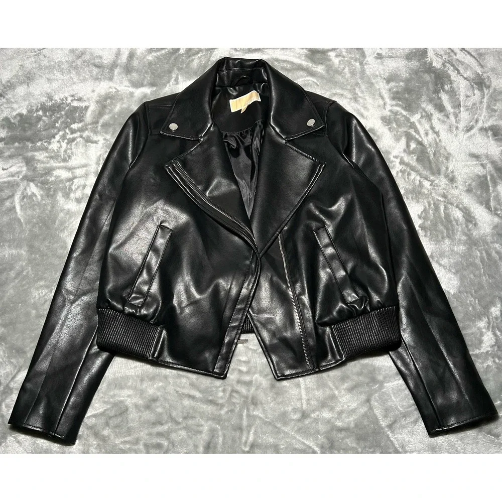 Michael Kors Jacket Women Size Large Black Biker Zip Up Crop Moto Faux Leather